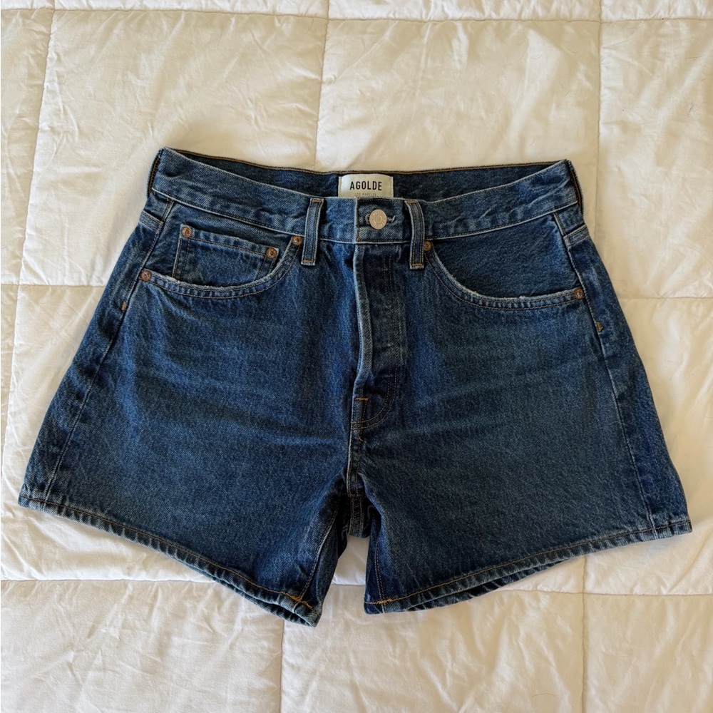 Agolde Blue Denim High-Rise Shorts - Parker Long